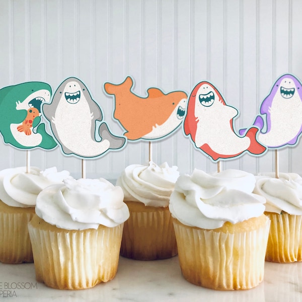 8 Shark Party Cupcake Toppers | Ocean Birthday Decor | Shark Cake Toppers | Dessert Toppers | Birthday Toppers | Download Printable S-H