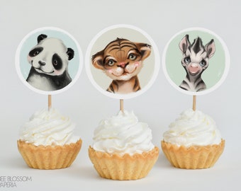 Décorations pour cupcakes animaux du zoo | Décor d'anniversaire Safari | Gâteaux animaux | Dessert Jungle | Décor de fête de zoo | Télécharger S-F imprimable