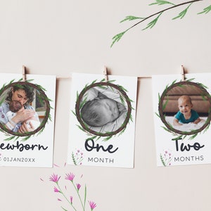Bearbeitbares Woodsy Baby Foto Banner | 1 Geburtstag Bild Girlande | Waldparty | Monatliche Meilensteinkarten | Digital Druckbare W-O