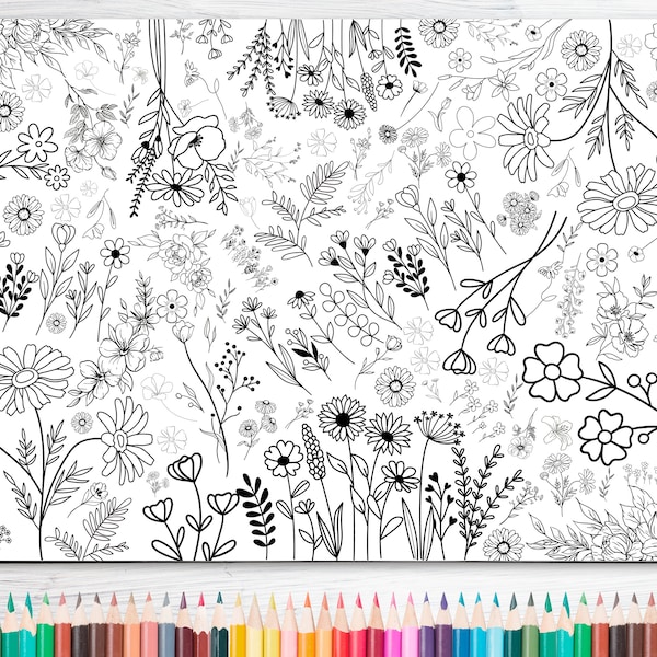 GIANT Coloring Poster | Digital Download | Flower Theme | up to 36x48 inches