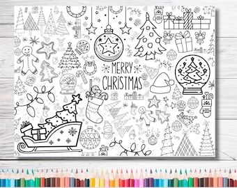 May include: A black and white coloring page featuring a variety of Christmas-themed illustrations, including a gingerbread man, a Christmas tree, a stocking, a snowman, a sleigh, and a snow globe. The text "Merry Christmas" is written in the center of the page.