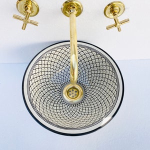 Black & white Ceramic bathroom sink,handmade bathroom vessel sink,washbasin for bathroom and kitchen,farmhouse sink,Moroccan sink bowl.