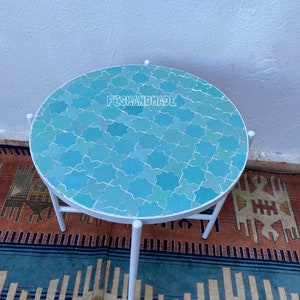 mosaic table, outdoor table, luxury round table, handcrafted table, mosaic tile table, zellige table.