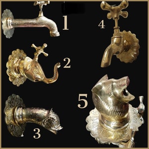May include: Five ornate brass faucet designs, each with unique details. The faucets are numbered 1 through 5.