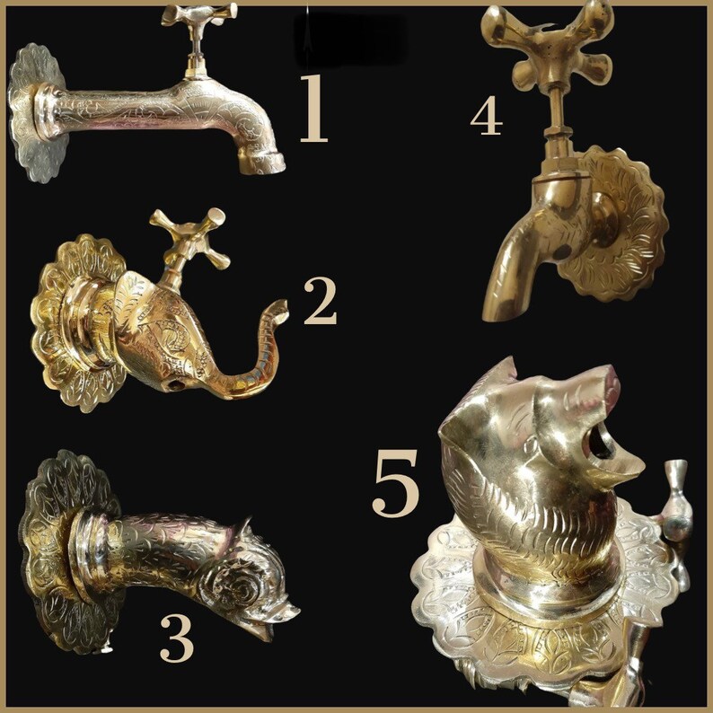 May include: Five ornate brass faucet designs, each with unique details. The faucets are numbered 1 through 5.