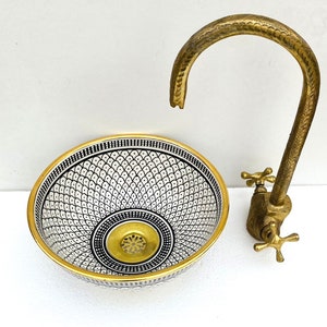 Lavabo de cerámica marroquí con borde dorado de 14K. Hecho a mano, lavabo de granja, fregadero pintado a mano. Lavabo moderno. 100% HECHO A MANO.