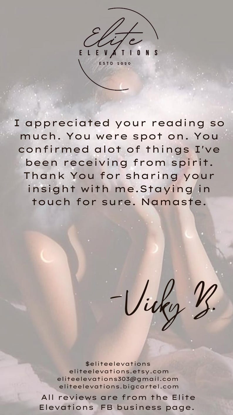 May include: A white and gray image with a quote about receiving insight from spirit. The quote reads "I appreciated your reading so much. You were spot on. You confirmed a lot of things I've been receiving from spirit. Thank You for sharing your insight with me. Staying in touch for sure. Namaste." The quote is signed "Vicky B."