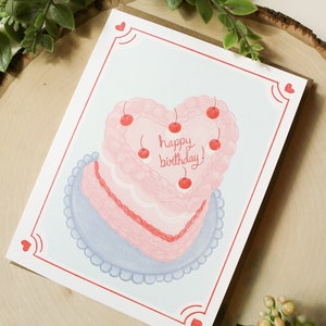 Heart Shaped Birthday Cake Card Birthday Cake Card Blank Birthday Card Aesthetic Cake Cute Cake Vintage Cake Cute Birthday Card image 1