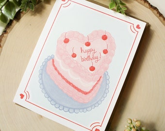 Heart Shaped Birthday Cake Card | Birthday Cake Card | Blank Birthday Card | Aesthetic Cake | Cute Cake | Vintage Cake | Cute Birthday Card