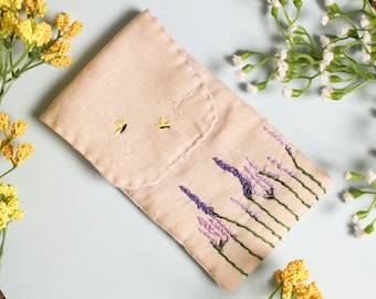 Lavender Linen Embroidered Case // Padded Glasses Case// Linen Pouch // Cream and Lilac