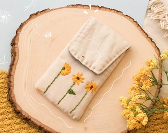 Linen Hand Embroidered Sunflower Pencil Case // Padded Glasses Case// Linen Pouch