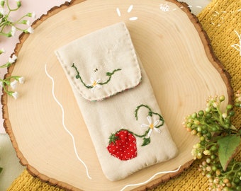 Linen Hand Embroidered Strawberry Pencil Case // Padded Glasses Case// Linen Pouch