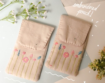 Linen Hand Embroidered Flower Pencil Case // Padded Glasses Case// Linen Pouch // Pink and Blue