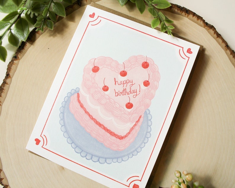 Heart Shaped Birthday Cake Card Birthday Cake Card Blank Birthday Card Aesthetic Cake Cute Cake Vintage Cake Cute Birthday Card image 1