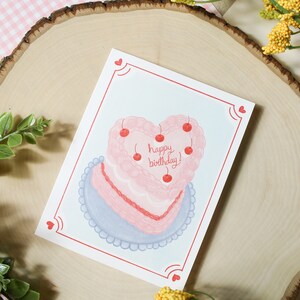 Heart Shaped Birthday Cake Card Birthday Cake Card Blank Birthday Card Aesthetic Cake Cute Cake Vintage Cake Cute Birthday Card image 3