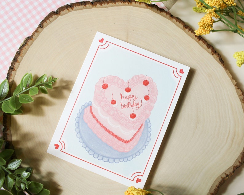 Heart Shaped Birthday Cake Card Birthday Cake Card Blank Birthday Card Aesthetic Cake Cute Cake Vintage Cake Cute Birthday Card image 3