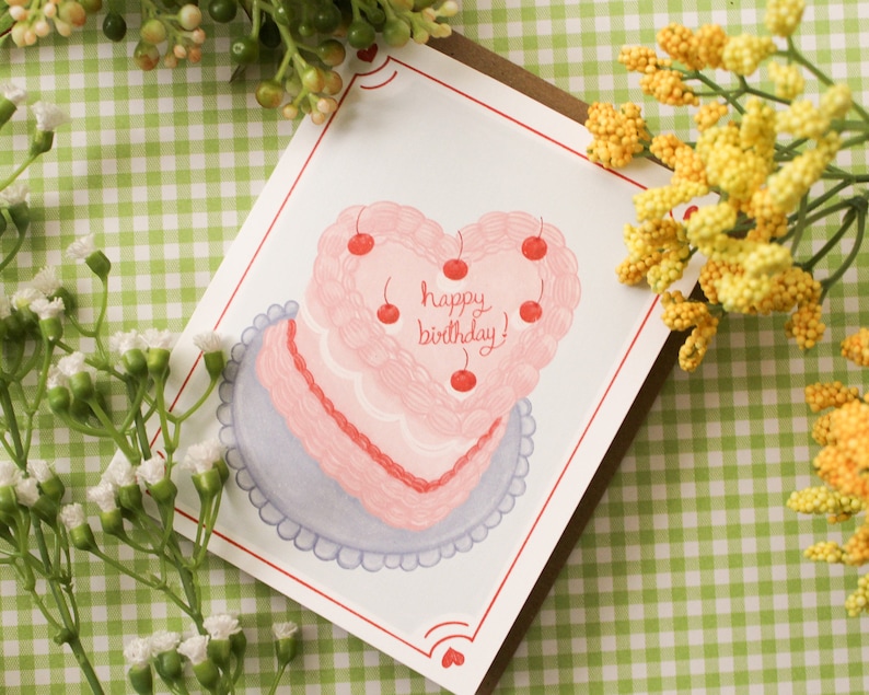 Heart Shaped Birthday Cake Card Birthday Cake Card Blank Birthday Card Aesthetic Cake Cute Cake Vintage Cake Cute Birthday Card image 2