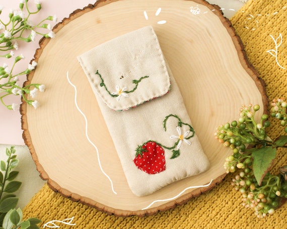 Linen Hand Embroidered Strawberry Pencil Case // Padded Glasses Case// Linen Pouch
