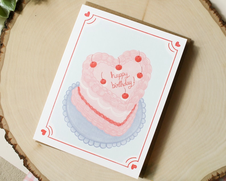 Heart Shaped Birthday Cake Card Birthday Cake Card Blank Birthday Card Aesthetic Cake Cute Cake Vintage Cake Cute Birthday Card image 4