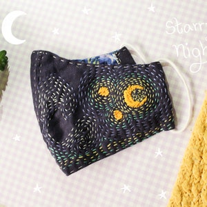 Hand Embroidered Starry Sky Linen Face Mask // 2 Layered: Linen and Cotton