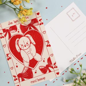 Danke Postkarte / Süße Mini Drucke / Kokette Postkarte / Illustrierte Postkarte / Häschen / Retro / kirschrot