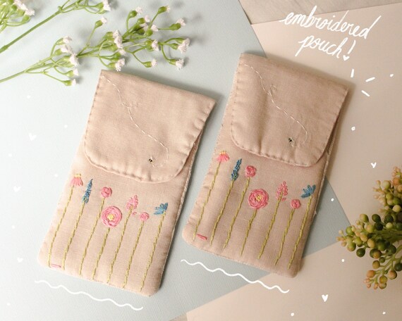 Linen Hand Embroidered Flower Pencil Case // Padded Glasses Case// Linen Pouch // Pink and Blue