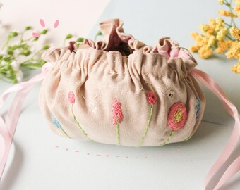 Cute Embroidered Pink and Blue Jewelry Pouch // Jewelry Organizer // Floral Jewelry Holder // Linen Jewelry Holder