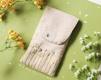 Linen Embroidered Flower Pencil Case // Padded Glasses Case// Linen Pouch // Cream and Yellow