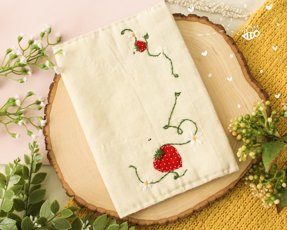 Embroidered Strawberry Notebook Cover / Cute Linen Journal / A5 Embroidered Hardback Notebook