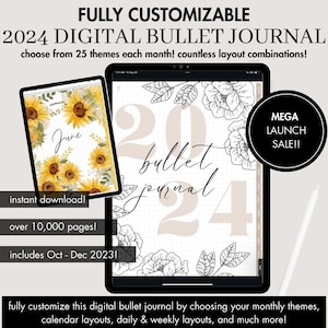 Może przedstawiać: Cyfrowy dziennik bullet dla 2024 z kwiatowym wzorem i tekstem "bullet journal" i "2024". Dziennik jest konfigurowalny z 25 motywami każdego miesiąca i zawiera ponad 10 000 stron. Zawiera również strony na październik, listopad i grudzień 2023.