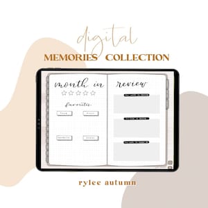 Puede incluir: Plantilla de agenda digital en la pantalla de una tableta. La plantilla está diseñada para una revisión mensual e incluye secciones para favoritos, una revisión del mes y un sistema de calificación. También se incluye el texto "digital memories collection" y "rylee autumn".