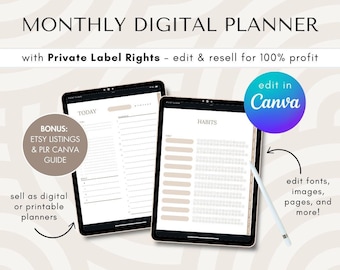 PLR Digital Planner Monthly Template Private Label Rights | Digital Planner Canva Template Edit & Resell, Commercial Use PLR Digital Planner