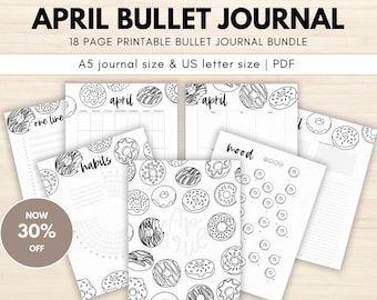 APRIL DONUT THEME Printable Bullet-Journal Planner | Monthly Planner to Print, Bullett Journal Monthly Theme Bundle, Custom Bullet-Journal