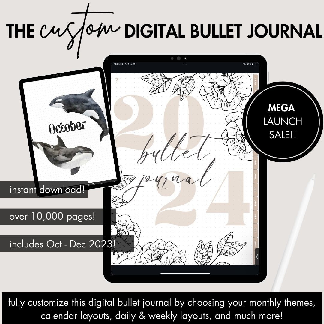 Premade Bullet Style Journal 2024 A5 Dot Grid Journal 224 Hand Drawn Pages  12 Original Themes, Yearly Set up FREE Washi Tape 