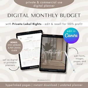 Bearbeitbares Monatsbudget für den Wiederverkauf | PLR Digitaler Haushaltsplaner, Privatmarkenrechte-Planer, bearbeitbarer Canva-Haushaltsplaner-Verkaufsrechte