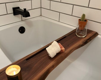 Navaris Wood Bath Tray Shelf - Walnut Bathtub Tray Caddy Tub Holder for Tablet, Books, Candles, Massage Oil - Real Walnut Wood with Simple Design