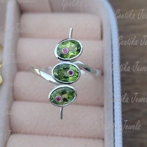 925 Sterling Silver Martini Olive Ring, Ruby Accent, Natural Peridot Ring