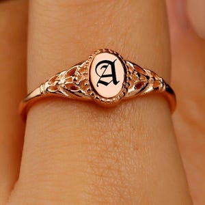 Dainty Engraved Initial Signet Ring 925 Sterling Silver Custom Pinky Ring