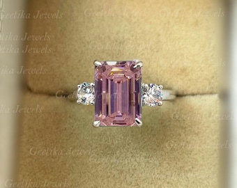Smaragdslipad rosa safirförlovningsring, diamantaccentring i sterlingsilver, present till henne