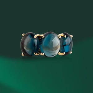 London Blue Topaz Ring: 14K Gold Three Stone Art Deco Ring