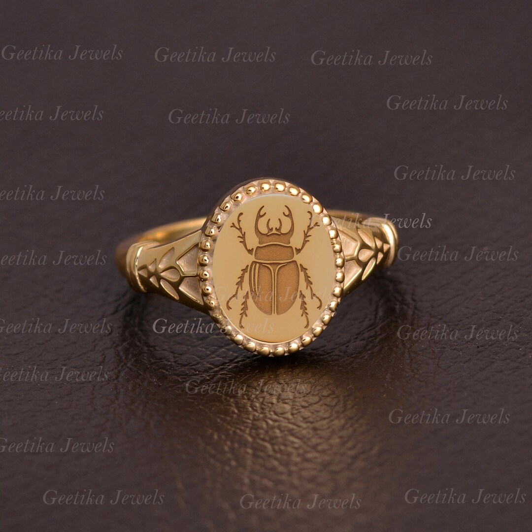 14K Gold Beetle Engraved Signet Ring | Gold Plated 925 Sterling Silver ...
