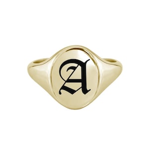 Dainty Engraved Initial Signet Ring: 925 Sterling Silver, 14K Gold