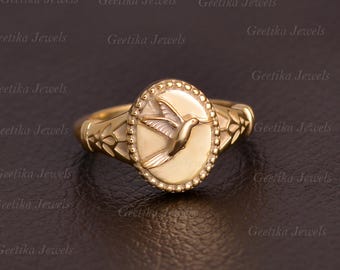 Gold Kolibri Siegelring: Vintage Gothic 925 Sterling Silber Pinky Ring Geschenk für Frauen