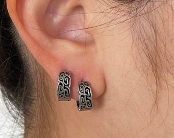 Norse Patterned Huggie Hoops for Men in Titanium - Viking-inspired Earrings