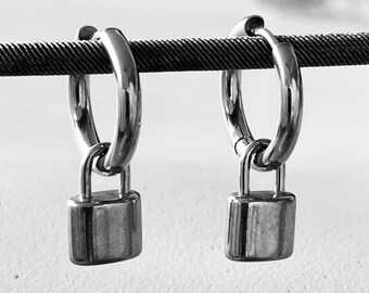 Orecchini Pendenti Lucchetto A Cerchio Huggie &ndash; Acciaio Inox, Stile Punk Goccia