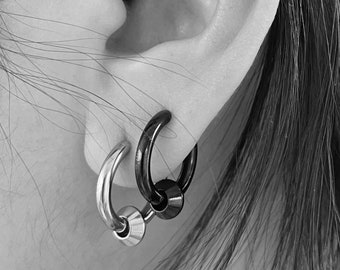 Boucles d'oreilles créoles en acier inoxydable avec perles noires - Bijoux élégants pour homme