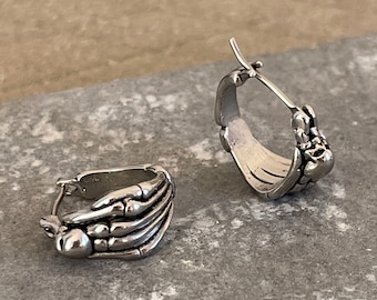 Gothic Skeleton Hand Hoop Earrings | Edgy Titanium Huggies | Unisex Skull Jewelry | Hypoallergenic Goth Gift