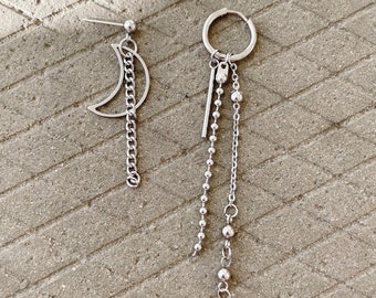 Moon and Ball Chain Dangle Earrings - Grunge Style Stainless Steel Jewelry