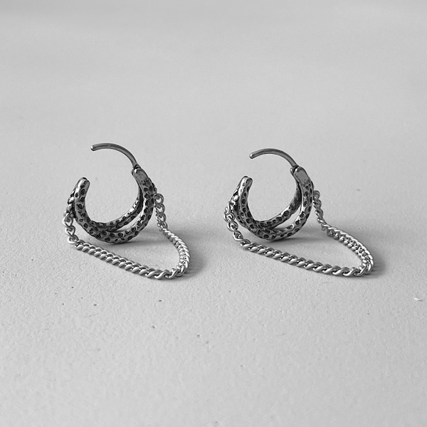 Titanium Double Hoops with Dangling Chains - Hand Hammered Finish