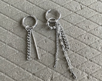Edgy Dangle Earrings - Industrial Mismatched Chain and Bar Earrings Set